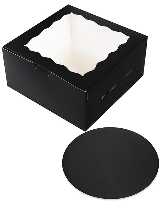 qiqee 10x10x5 Cake Box, 18 Sets Black Cake Box with Window ＆ 18 Sets 10" Black Cake Round Boards, 10inch Cake Containers