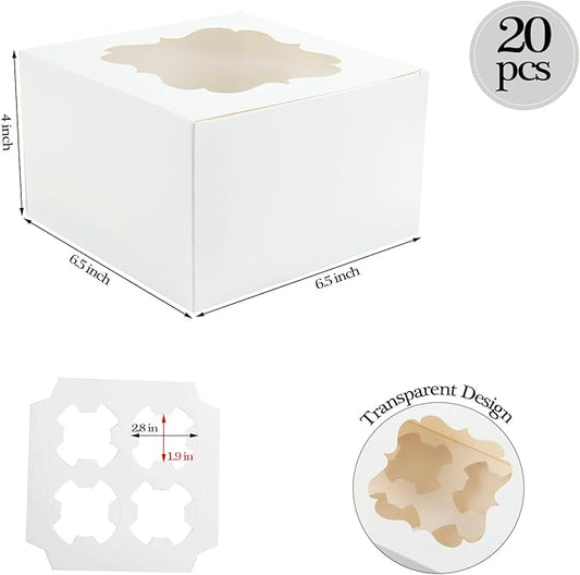 20 PCS 6.5 x 6.5 x 4 inch Paper, Cupcake Boxes with Inserts and Window Hold 4 Cupcakes, Bakery Boxes For Cupcakes Carrier, Cupcake Containers (Cyan-4 Holes)