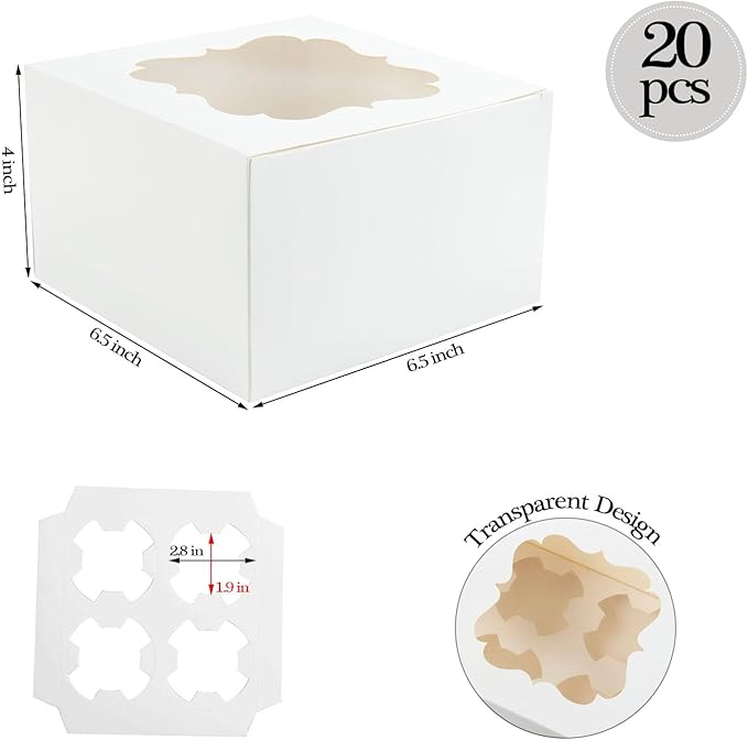 20 PCS 6.5 x 6.5 x 4 inch Paper, Cupcake Boxes with Inserts and Window Hold 4 Cupcakes, Bakery Boxes For Cupcakes Carrier, Cupcake Containers (Blue-4 Holes)