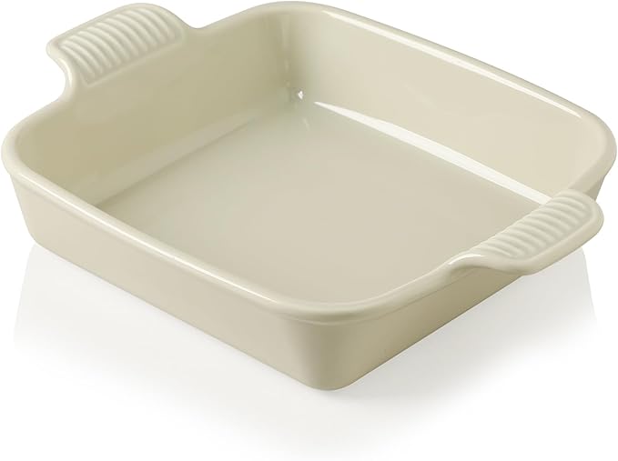Sweejar Ceramic Baking Dish, 9 x 9 Cake Baking Pan for Brownie, Porcelain Square Bakeware with Double Handle for Casserole, Lasagna, Family Dinner (Beige)