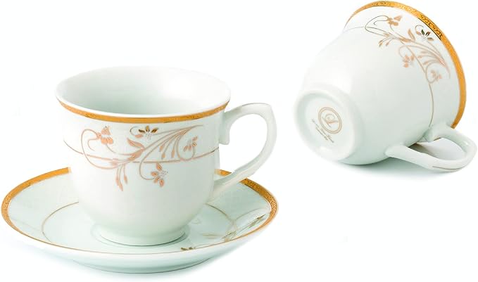 World Gifts Elegant Durable and Colorful Porcelain Tea-Coffee Cups and Saucers Set - Gold Floral Design, Set of 4