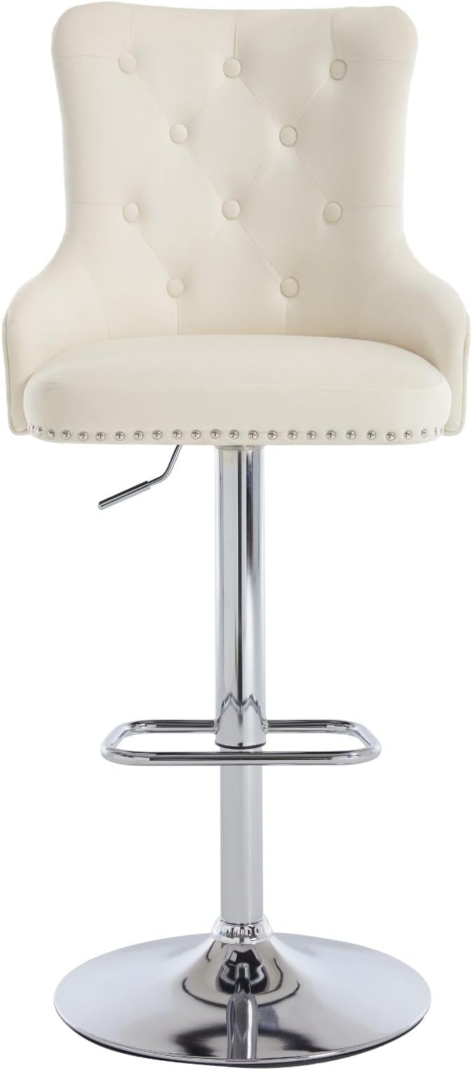 Beige Velvet Bar Stools Set of 2 with High Tufted Backrest, Lion Pull Ring, Chrome Base Footrest for Kitchen Island