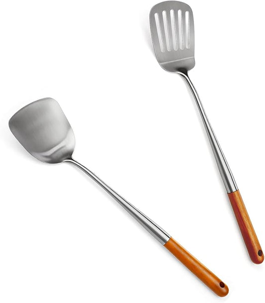 304 Stainless Steel Cooking Utensils Set with Wooden Handle, 2 PCS Metal Wok Spatula for Kitchen Use