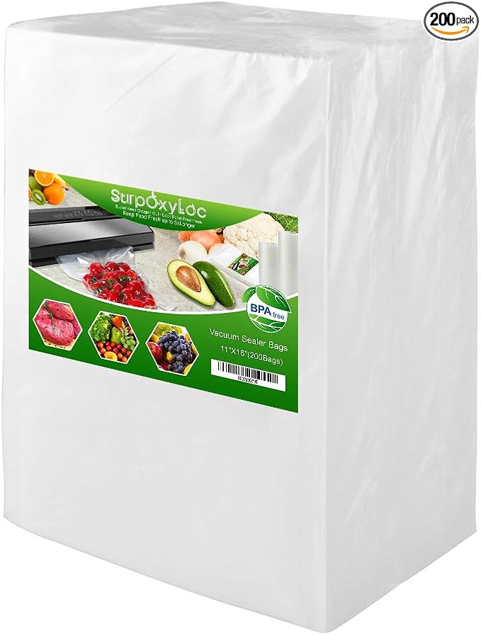 SurpOxyLoc 200 Gallon Size11"x16" Vacuum Freezer Sealer Bags for Food,BPA Free, Heavy Duty Commercial Grade,Sous Vide Vaccume Safe,Universal Design Pre-Cut Bag and Work with Any Types Vacuum Sealer
