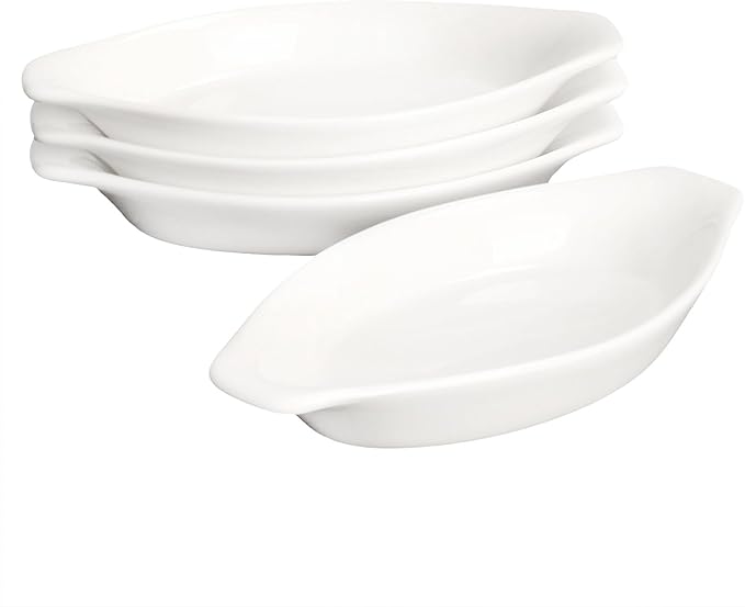 4" x 3"Ceramic Mini Oval Au Gratin Baking Dishes 3.5 oz, Set of 4 Banana Split Bowls,Oven and Microwave Safe, for 1 person servings, Bakeware with Handle(6.5 IN) for Kitchen and Home