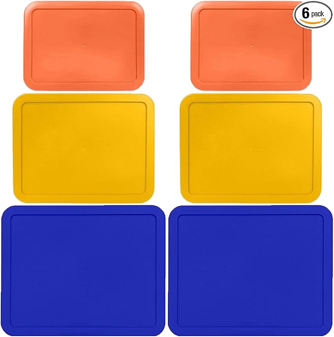 3, 6 & 11 Cup Orange, Yellow, Blue Replacement Lids/Covers for Pyrex, Anchor Hocking & KlareWare Storage Bowls *Lids Only Glass Container Not Included* (6 Pack *Two of Each Size*)