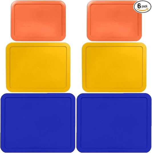 3, 6 & 11 Cup Orange, Yellow, Blue Replacement Lids/Covers for Pyrex, Anchor Hocking & KlareWare Storage Bowls *Lids Only Glass Container Not Included* (6 Pack *Two of Each Size*)