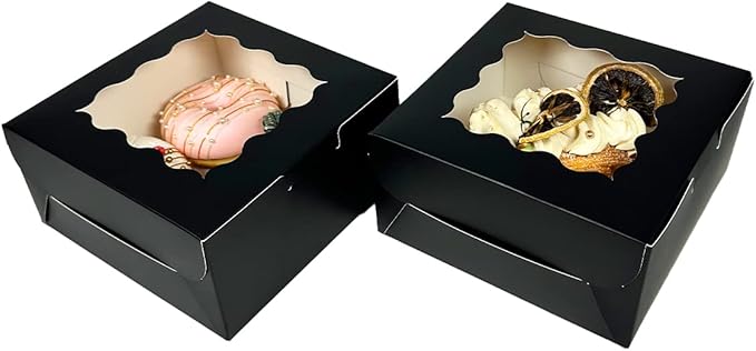 Bakepacker Black 30-Packs Bakery Boxes with Window 6x6x3 inches Thick & Sturdy Macaroon Pastry Boxes Cookie Boxes for Bakerys