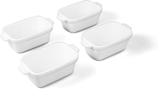 Souper Cubes Stoneware - Small Ceramic 5" x 3" Baking Dish with Silicone Covers, Small Baking Dishes for Oven Perfect for Reheating Single Serve Portions, Set of 4 - White