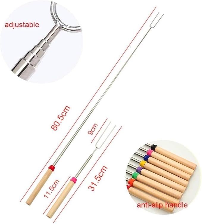 12 Pcs Marshmallow Roasting Sticks, BetterJonny 31cm - 82cm Long Extendable Fork Smores Sticks with Wooden Handle Stainless Steel Forks BBQ Tools with Black Storage Bag for Barbecue, Camping, Campfire