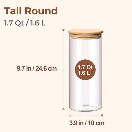 ComSaf 1.7 Qt Glass Storage Containers with Lids, Glass Jars with Lids, Clear Food Storage Jar, Round Canister Set of 3, Pantry Organizers for Pasta Flour Cookie Rice Tea Coffee Bean