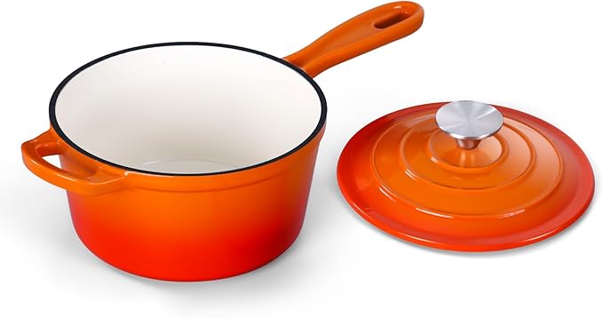 Onader Enameled Cast Iron Sauce Pan Pot, 1QT Saucepan with Lid, Small Enamel Dutch Oven Kitchen Cooking Pot – Sunset Orange