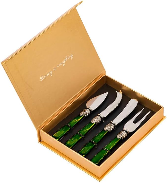 4-Piece Cheese Knive Set With Gift Box Stainless Steel Knife With Pearl Handle,Suitable For Parties And Festivalsfor Charcuterie Boards Accessories (Green)