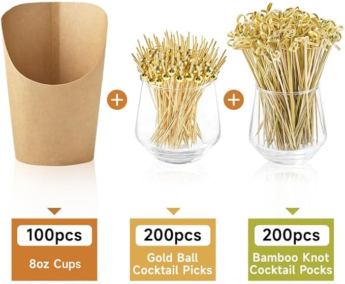 100 Sets 8 oz Small Charcuterie Cups with Sticks, Disposable Kraft Paper Charcuterie Boxes French Fry Holder Individual Appetizer Serving Cup (100 Cups + 400 Cocktail Picks)