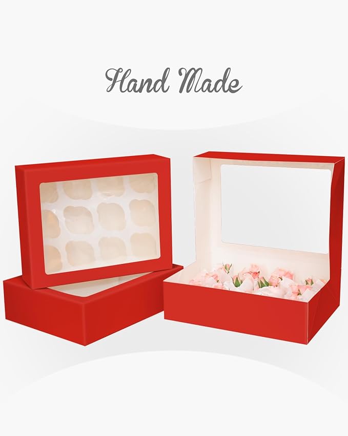 Bakepacker 12 Cupcake Containers 10-Packs Red Cupcake Box Cupcakes Carrier, 12 Cupcake Boxes with Window 13"x10"x3.5"（Auto-pop up）