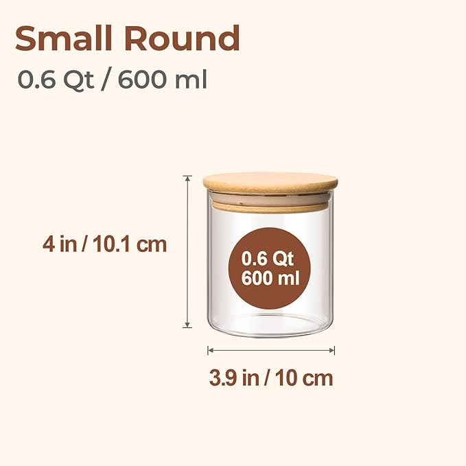ComSaf Airtight Glass Food Storage Jars Set of 6, 0.6 Qt Clear Glass Food Storage Container with Sealing Wooden Lid, Stackable Spice Jar, Round Kitchen Canister for Sugar, Tea, Coffee bean, Pasta, Oat