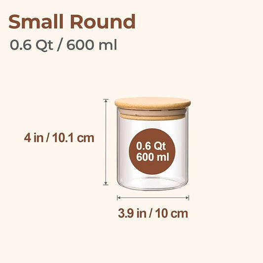 ComSaf Airtight Glass Food Storage Jars Set of 6, 0.6 Qt Clear Glass Food Storage Container with Sealing Wooden Lid, Stackable Spice Jar, Round Kitchen Canister for Sugar, Tea, Coffee bean, Pasta, Oat