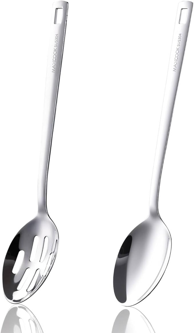 18/8 Stainless Steel Cooking Spoons Set - 2-Piece Solid Slotted Serving Spoon Cooking Utensils set for Pasta, Veggies, Salads (Dishwasher-Safe)