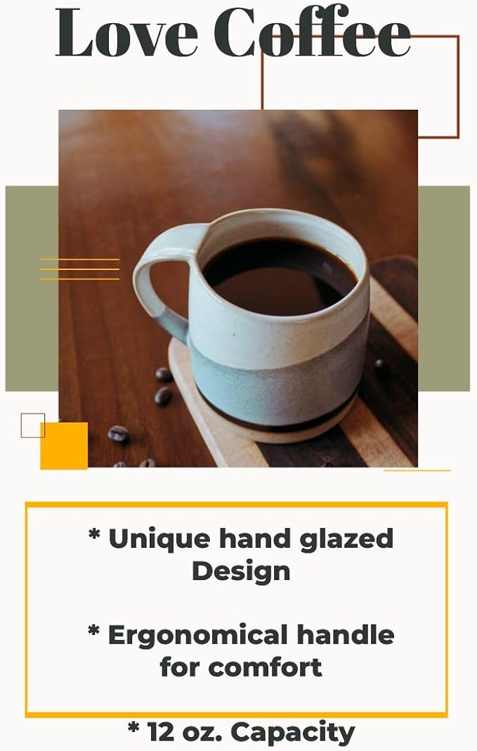 Well Covered & Green Original Day Glazed Ceramic Coffee Mug Set - 2 Vintage Japanese Style Cappucino Coffee Mugs - Stoneware Mug & Matcha Cup Gift Set - 2 x White, 12oz