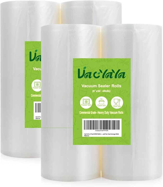 VacYaYa 4 Pack 8X50 Rolls (Total 200 feet) Vacuum Sealer Bags Rolls with BPA Free,Heavy Duty,Great for Sous Vide and Vac Seal storage Rolls