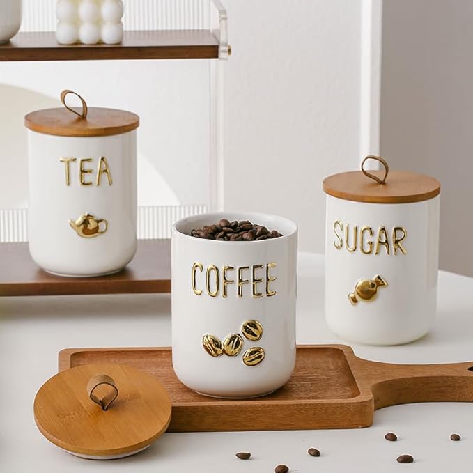 Comeon Ceramic Canister Set with Airtight Seal Bamboo Lid Silicone, 27oz Food Storage Jars for Coffee Sugar Tea, Container Set for Kitchen Pantry Counter Decor (Sugar)