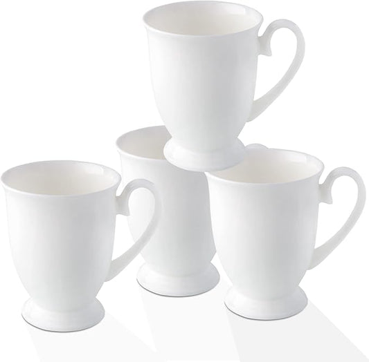 Luxury Fine Bone China White Coffee Mugs Set of 4 (8 oz), Ceramic Euro Style Tea Cups, Elegant Durable Coffee Cups Set for Gifts, Women, Men, Mom, Dad, Wedding