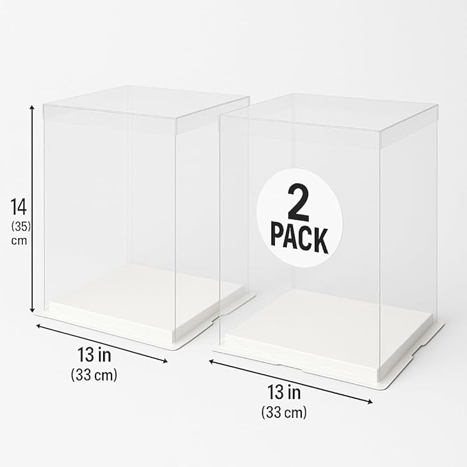 Sweet Degrees Clear Plastic Cake Boxes 13"x13"x14" – 2 Pack | Ribbon Included | Extra-Tall Cake Carriers with Clear Lids | Reusable Storage Containers for Tiered Cakes, Events & Bakery Display