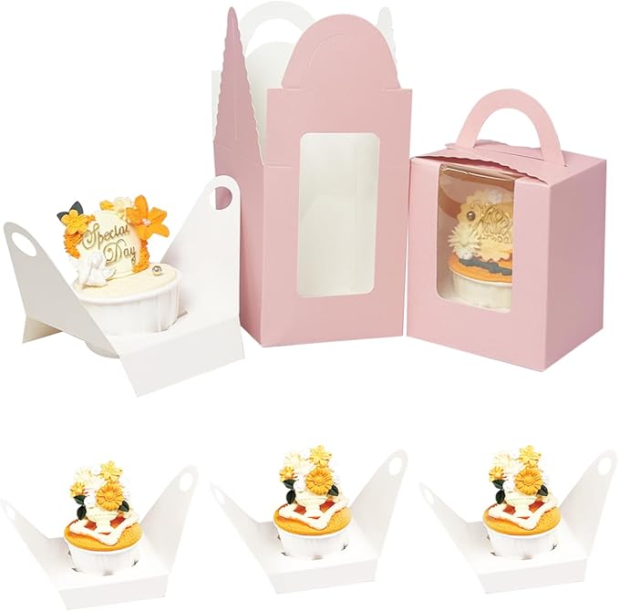 Bakepacker Auto-pop up Individual Cupcake Boxes with Window 25 Count Pink Single Cupcakes Box 3.6 x 3.6 x 4.3inch Cupcake Carrier