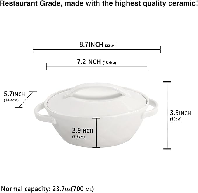 Oval Casserole Dish 23.7 oz, French Onion Soup Ceramic French Serving Soup Tureen Set, Set of 2 Ceramic Mini Cocotte Set, Baking Dish with Lids and Handles, Microwave Dishwasher Oven Safe