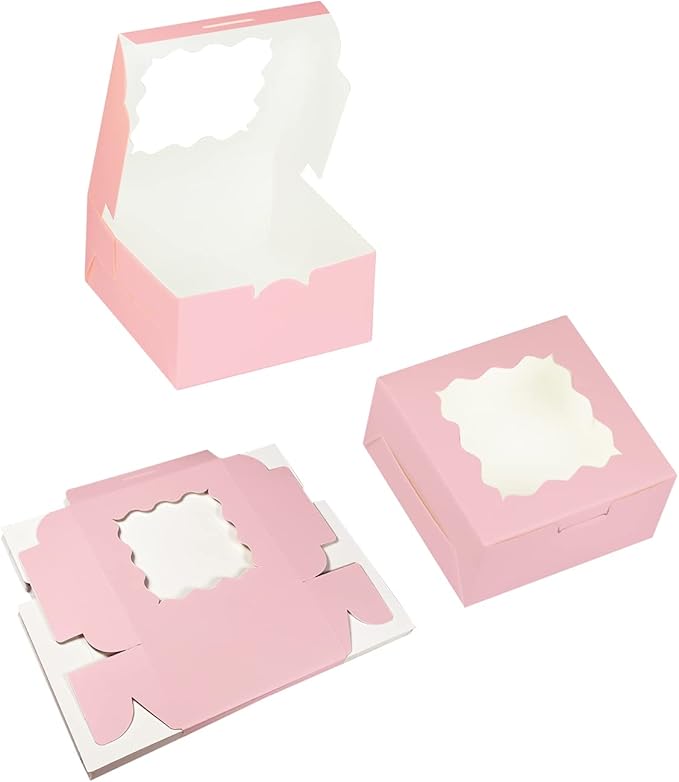 Bakepacker Pink 30-Packs Bakery Boxes with Window 6x6x3 inches Thick & Sturdy Macaroon Pastry Boxes Cookie Boxes for Bakerys
