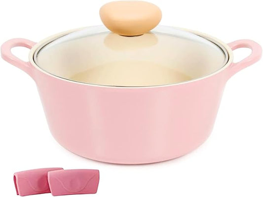 Neoflam Retro 3QT Stockpot with Lid – 8.7" (22cm) Nonstick Ceramic Coated Casserole, Saute Pot, Dutch Oven with Silicone Handle Holder, Dishwasher Safe, Elegant Kitchen Cookware, Made in Korea