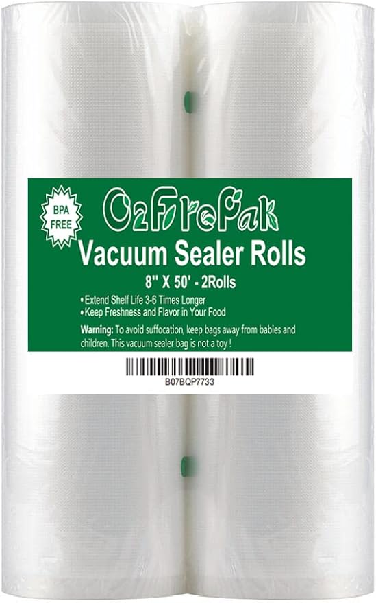 O2frepak 2Pack (Total 100Feet) 8x50 Rolls Vacuum Sealer Bags Rolls with BPA Free,Heavy Duty Vacuum Food Sealer Storage Bags Rolls,Cut to Size Roll,Great for Sous Vide