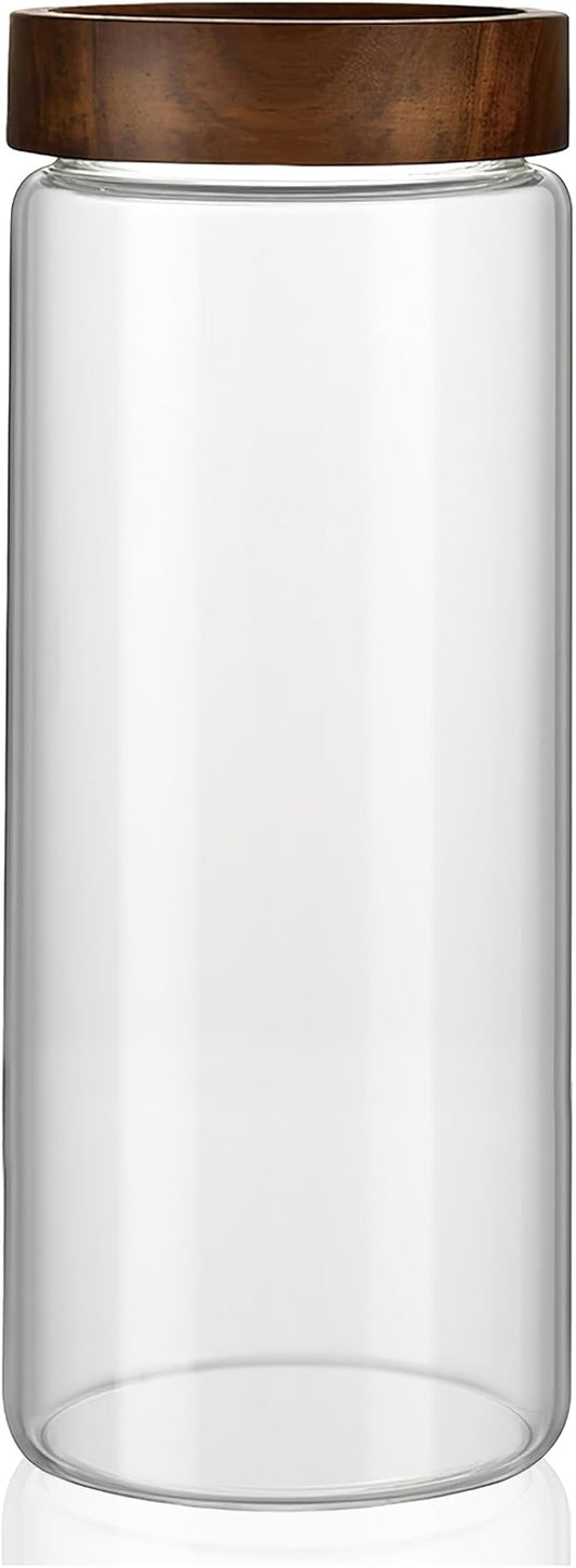 50 oz/1500 ml Clear Glass Storage Canister with Airtight Wooden Screw Lid, Large Tall Cute Decorative Glass Food Container Jar for Coffee, Candy, Cereal, Cookie, Sugar, Pasta, Flour, Juices