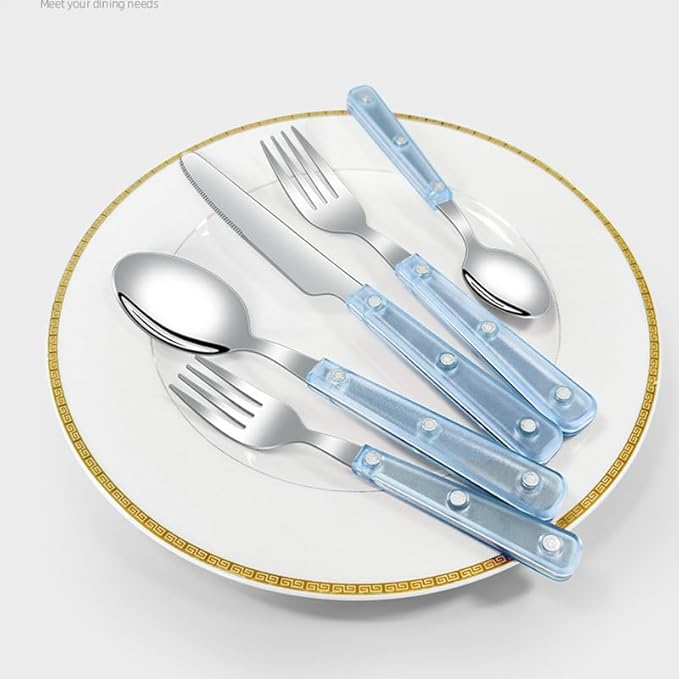 Silverware Set, 40 Piece Stainless Steel Cutlery set,Set for 8 People,Includes Knife, Fork, Spoon, Dessert Spoon and Dessert Fork, with Elegant Frosted Transparent Handles (Blue（40 PC）)