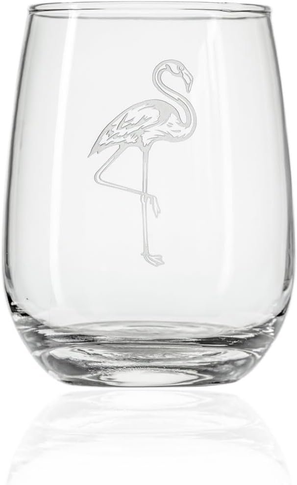 Rolf Glass Flamingo Stemless Wine Glass | 17oz Stemless Tumblers | Lead-Free and Etched Glass | Made in the USA | Coastal or Tropical Flamingo Design | Set of 4