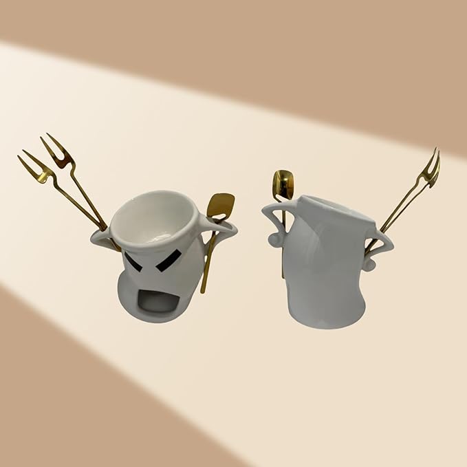 Chocolate Fondue Mug With Attitude, Cheese, Candy Mini Ceramic Fondue Mugs Gift Set with 1 Forks & 1 Scoop - Sweet Fondue Cup Set for Gifts, Parties, Cozy Nights (Food-Safe Ceramic)