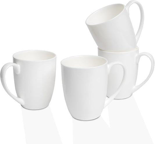Plain White Fine Bone China Blank Coffee Mugs Set of 4, 11 Oz Tea Cups with Large Handle, Lightweight Ceramic Coffee Mugs, Aesthetic Coffee Cups