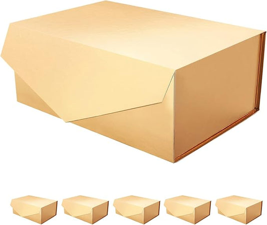 6 Gold Gift Boxes with Lids for Presents, Magnetic Closure Rectangle Collapsible Gift Boxes, Bridesmaids Proposal Boxes, Wedding, Birthday Gift Packaging (9x6.5x3.8 Inches)