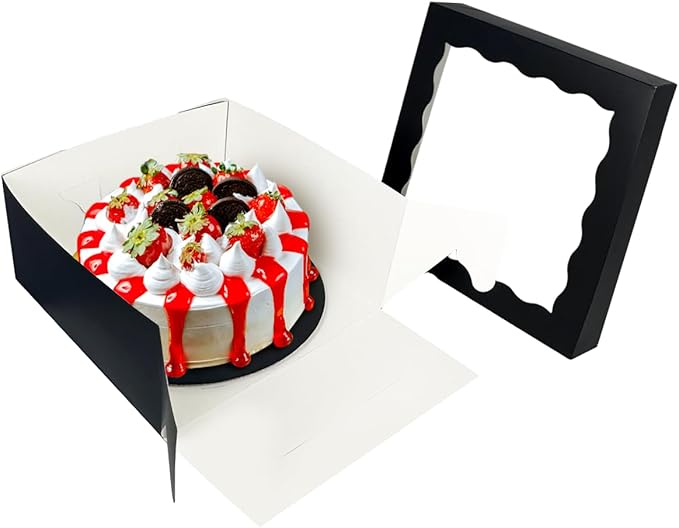 qiqee Black 12x12x8 Cake Box, 4 Sets Black Cake Box with Window ＆ 4 Sets 12" Black Cake Round Boards, 12inch Cake Containers