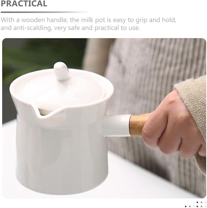 Ciieeo Enamel Milk Pot 350ml Mini Butter Warmer Non-stick Milk Heating Pot Small Enamelware Saucepan with Wood Handle and Lid for Heating Liquid Portions White