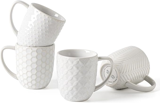 Coffee Mugs Set of 4, 12oz Ceramic Mug Set with Embossment, Stackable Mugs for Coffee/Tea/Latte/Cappuccino, Microwave & Dishwasher Safe, Gift for Men & Women