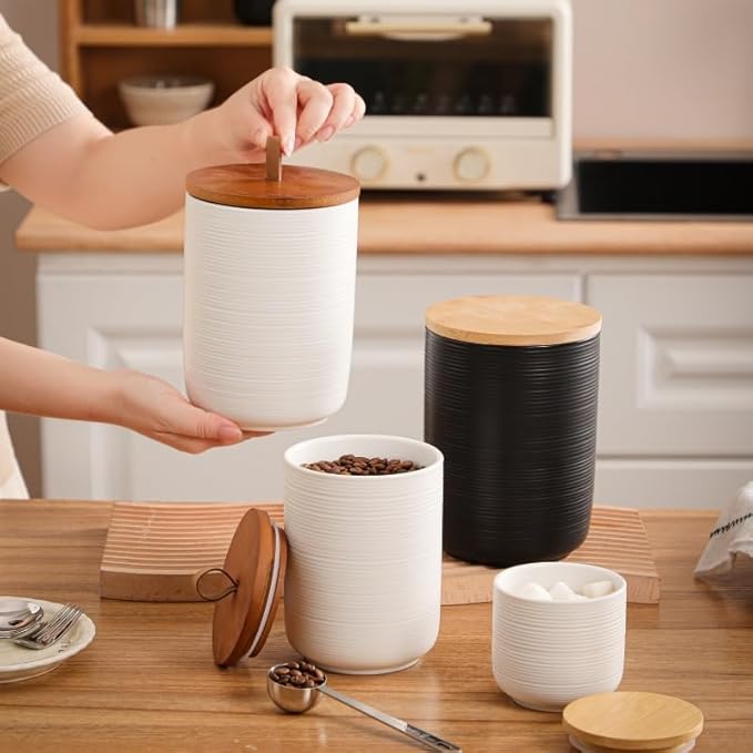 Comeon Ceramics Canister with Lid, Matcha Container Jar for Spice Sugar Tea Bag Coffee Canister Sets for Kitchen Counter with Bamboo Lid (White three-piece suit)