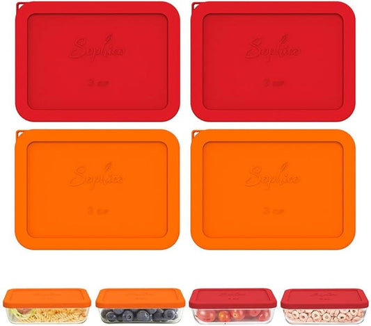 Sophico 3 Cup Rectangle Silicone Storage Cover Lids Replacement for Pyrex 7210-PC Glass Bowls (Container not Included) (RED-ORANGE, 4 Pack)