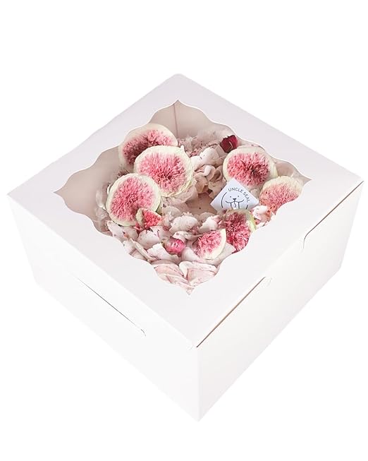 qiqee White 8x8x5 Cake Box, 4 Sets White Cake Box with Window ＆ 4 Sets 8" White Cake Round Boards, 8inch Cake Containers