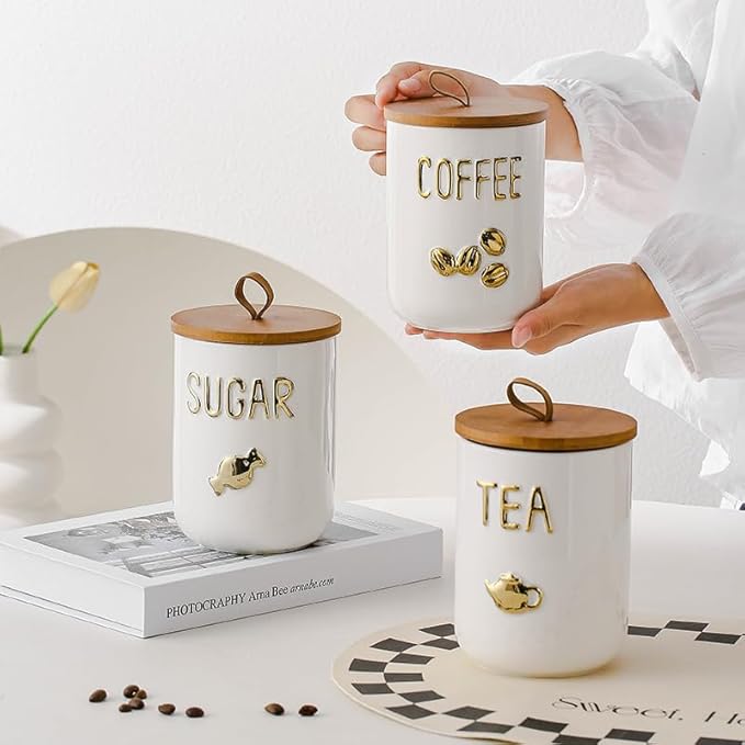 Comeon Ceramic Canister Set with Airtight Seal Bamboo Lid Silicone, 27oz Food Storage Jars for Coffee Sugar Tea, Container Set for Kitchen Pantry Counter Decor (Three Piece)