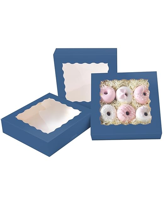 qiqee Auto-pop Up Blackish Blue Pie Boxes with Window 10x10x2.5 inch 30Packs Cookie Donut Bakery Box