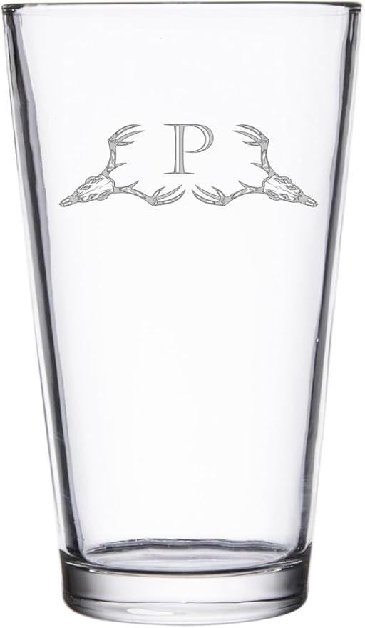 Hat Shark Deer Skull Letter Monogram Pint Beer Glass, 16 oz, Clear, A-Z Initials (1, Letter P)