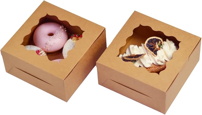Bakepacker Brown 30-Packs Bakery Boxes with Window 6x6x3 inches Thick & Sturdy Macaroon Pastry Boxes Cookie Boxes for Bakerys
