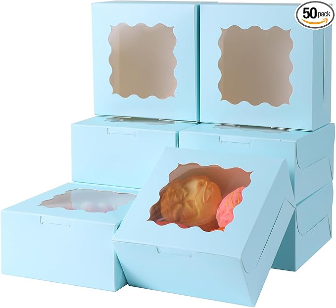 6x6x3 Inches Small Cake Box with Window, Bakery Box, Pastry Boxes, Cookie Boxes, Mini Pie Box for Pastry,Dessert,Strawberries,Chocolates, Cupcakes with paper stickers (Baby Blue/36pcs)