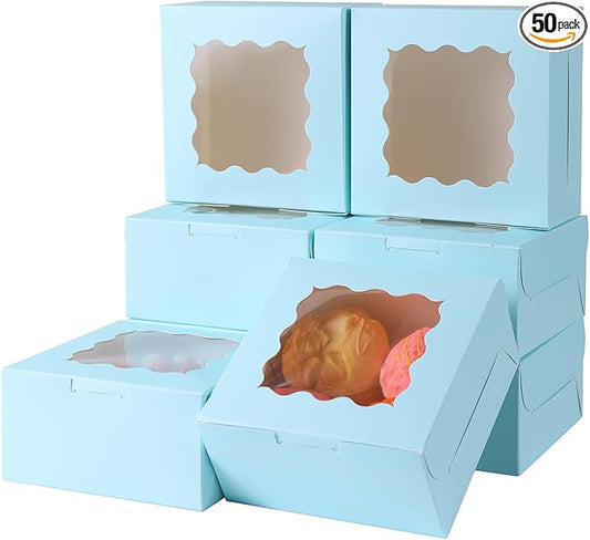 6x6x3 Inches Small Cake Box with Window, Bakery Box, Pastry Boxes, Cookie Boxes, Mini Pie Box for Pastry,Dessert,Strawberries,Chocolates, Cupcakes with paper stickers (Baby Blue/36pcs)